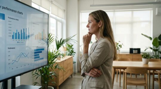 Dirigeante d'entreprise analysant ses performances digitales dans un bureau moderne