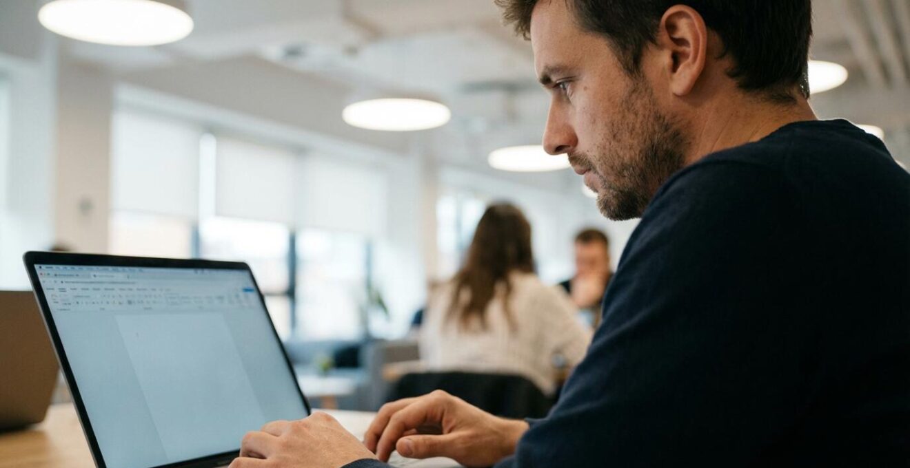 Entrepreneur analysant ses résultats digitaux dans un espace de coworking