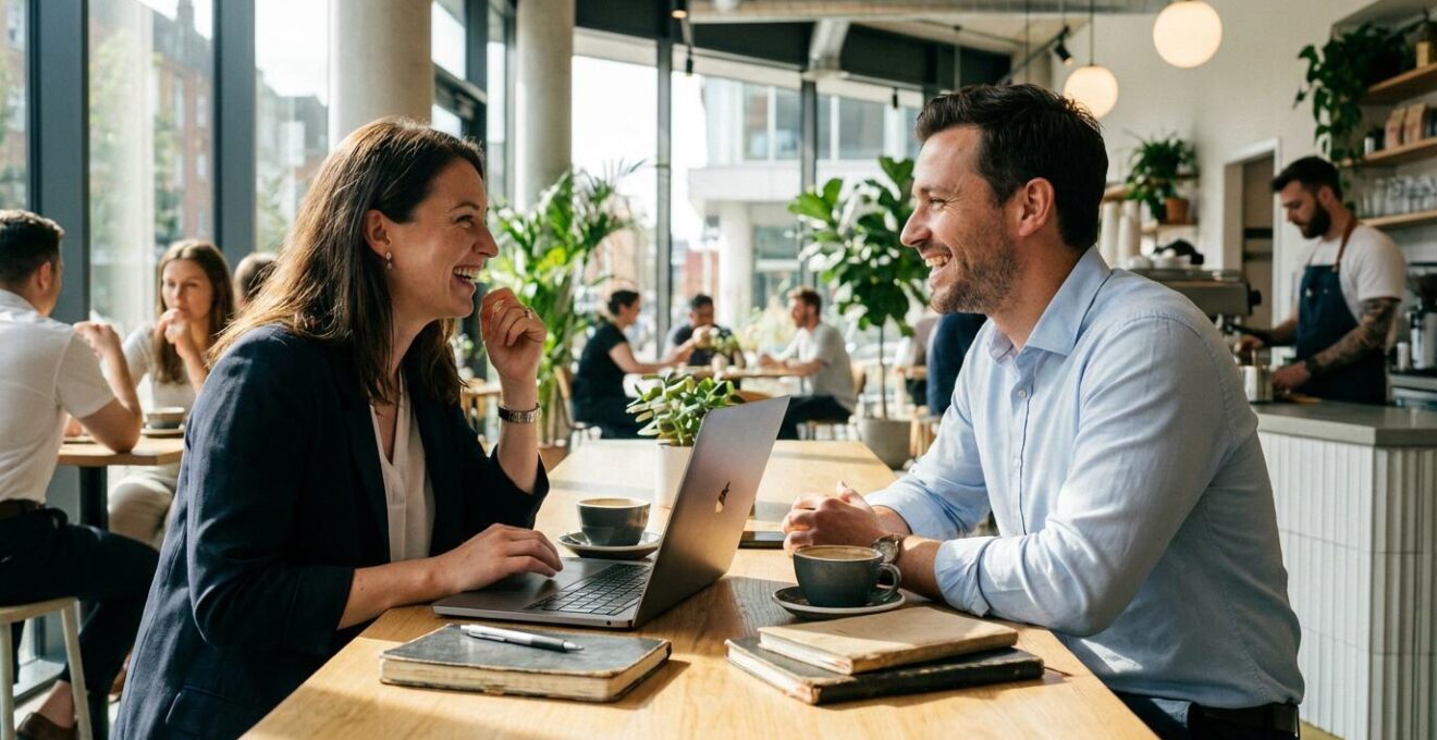 Réunion informelle entre professionnels discutant d'un projet digital